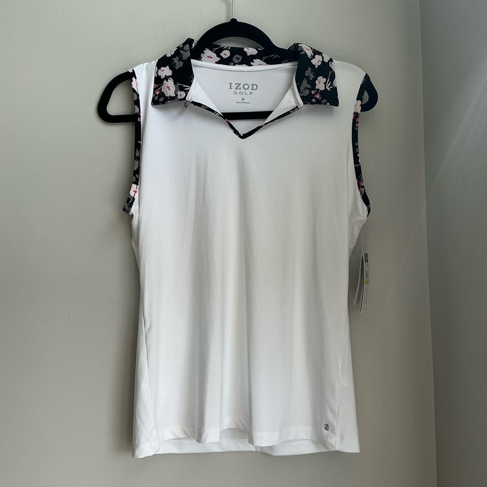 IZOD Golf Sleeveless Polo Top White Floral Collar Women’s Size M NWT